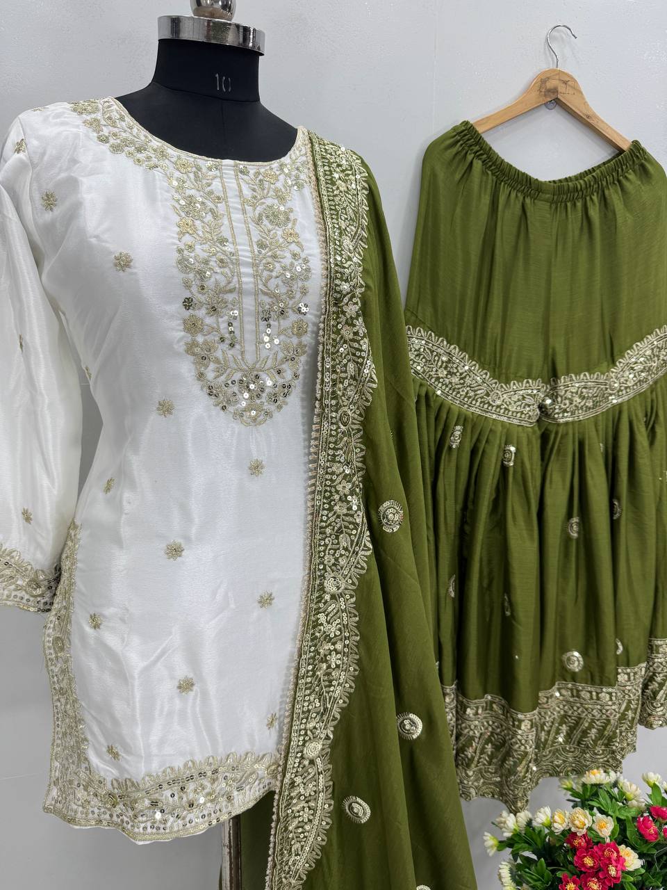 Party Wear Mahendi Green Color Heavy Chinon With Embroidered Sequence Work Designer Sharara Suit
