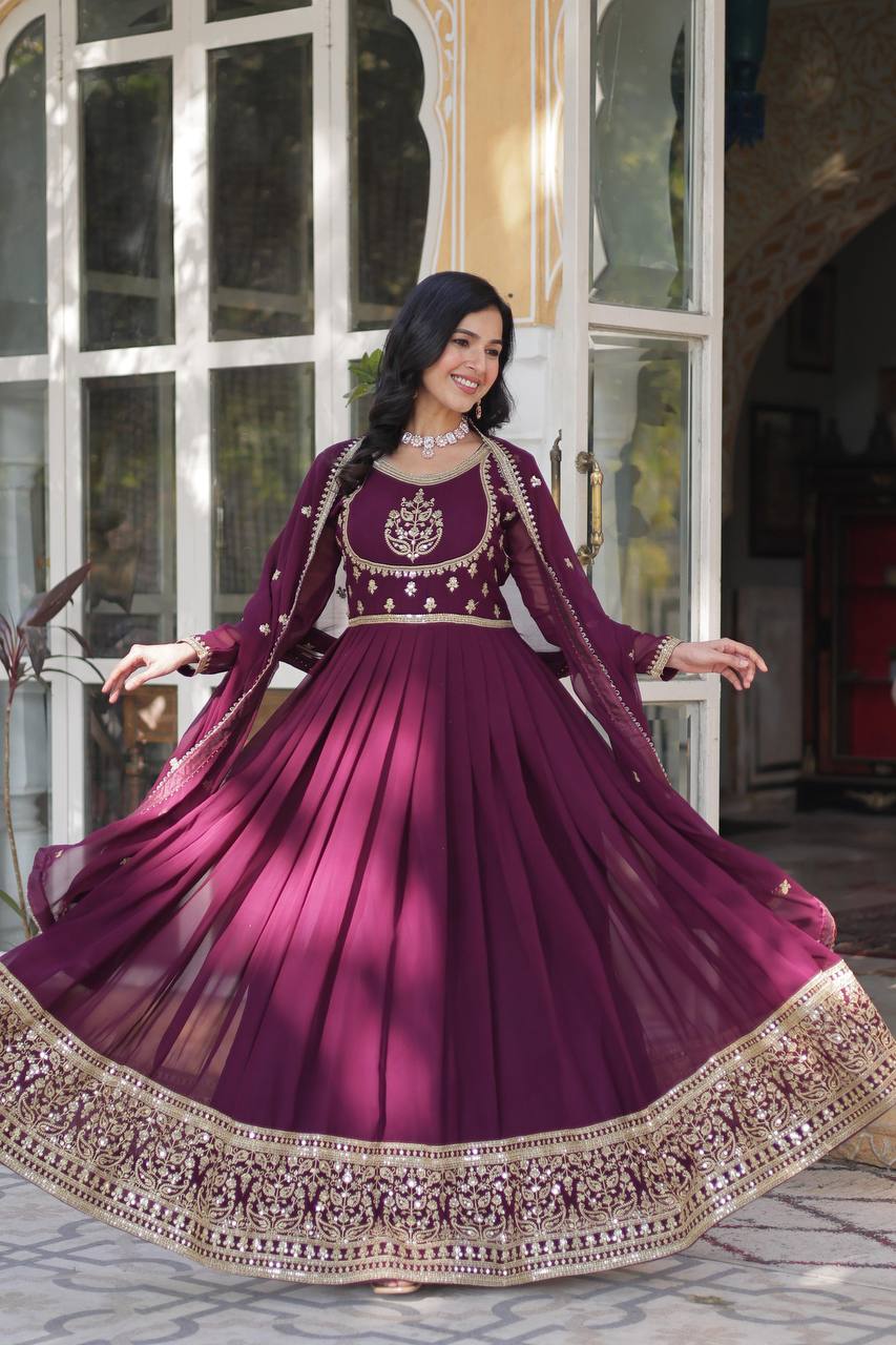 Beautiful Wine Color Faux Blooming Georgette With Rich Sequins Embroidered Work Designer Gown