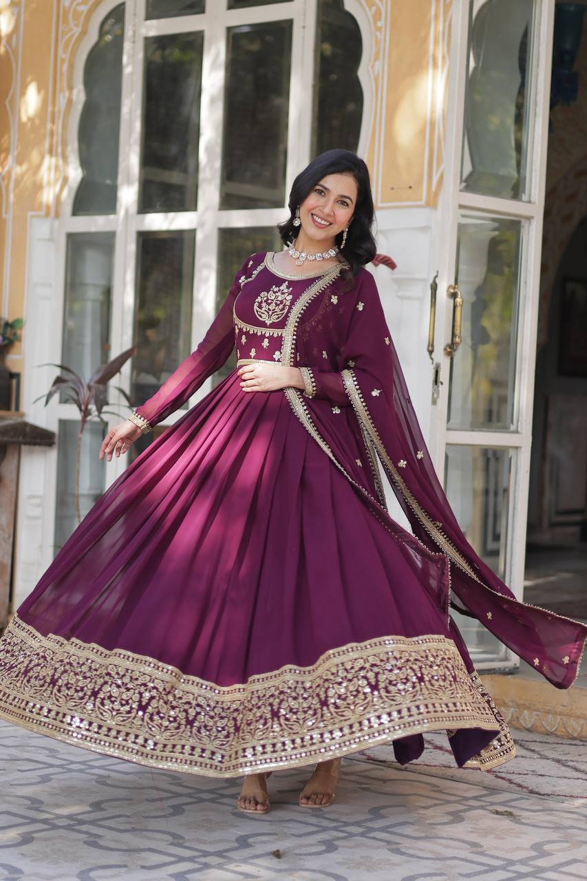Beautiful Wine Color Faux Blooming Georgette With Rich Sequins Embroidered Work Designer Gown