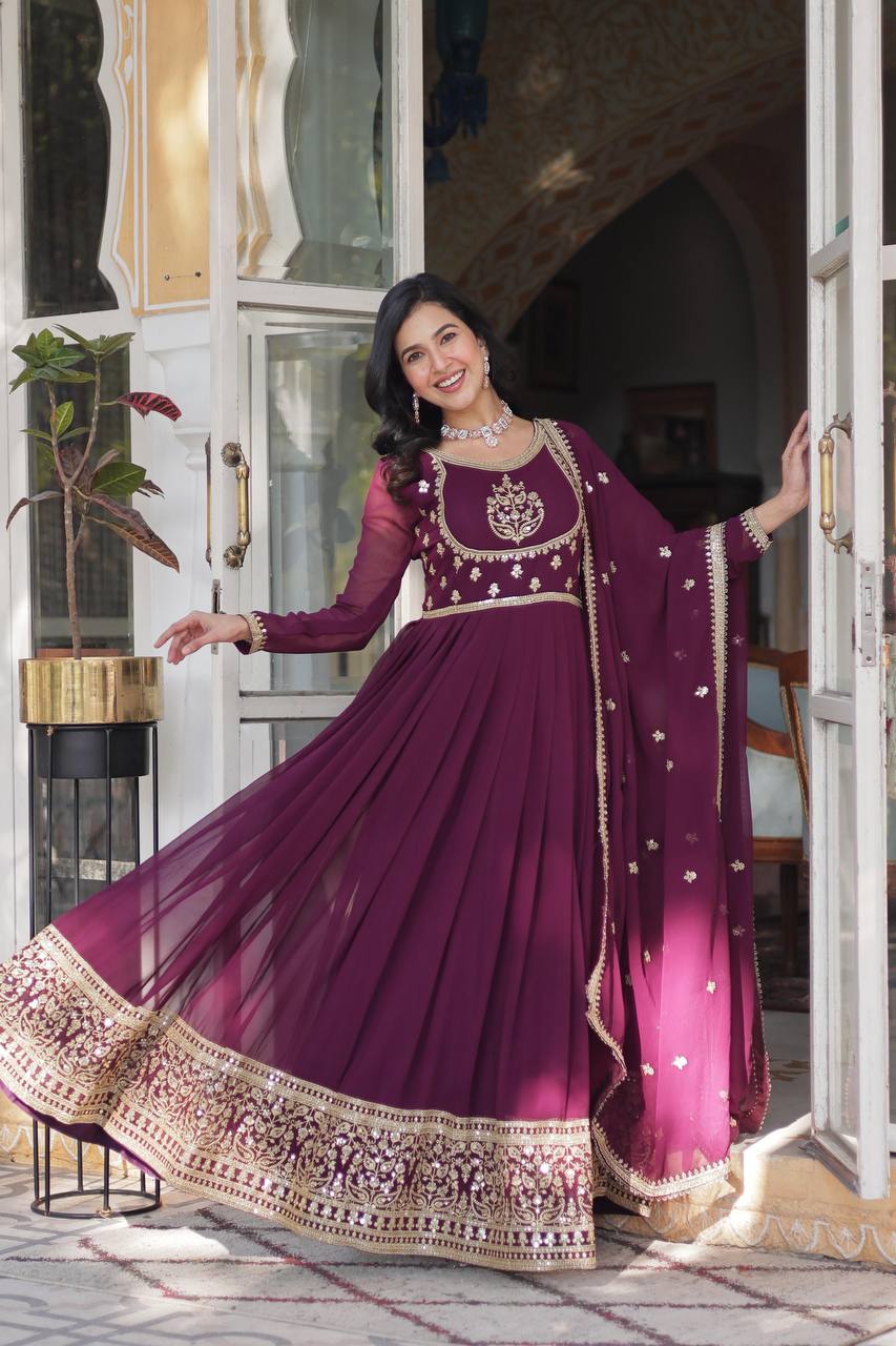 Beautiful Wine Color Faux Blooming Georgette With Rich Sequins Embroidered Work Designer Gown