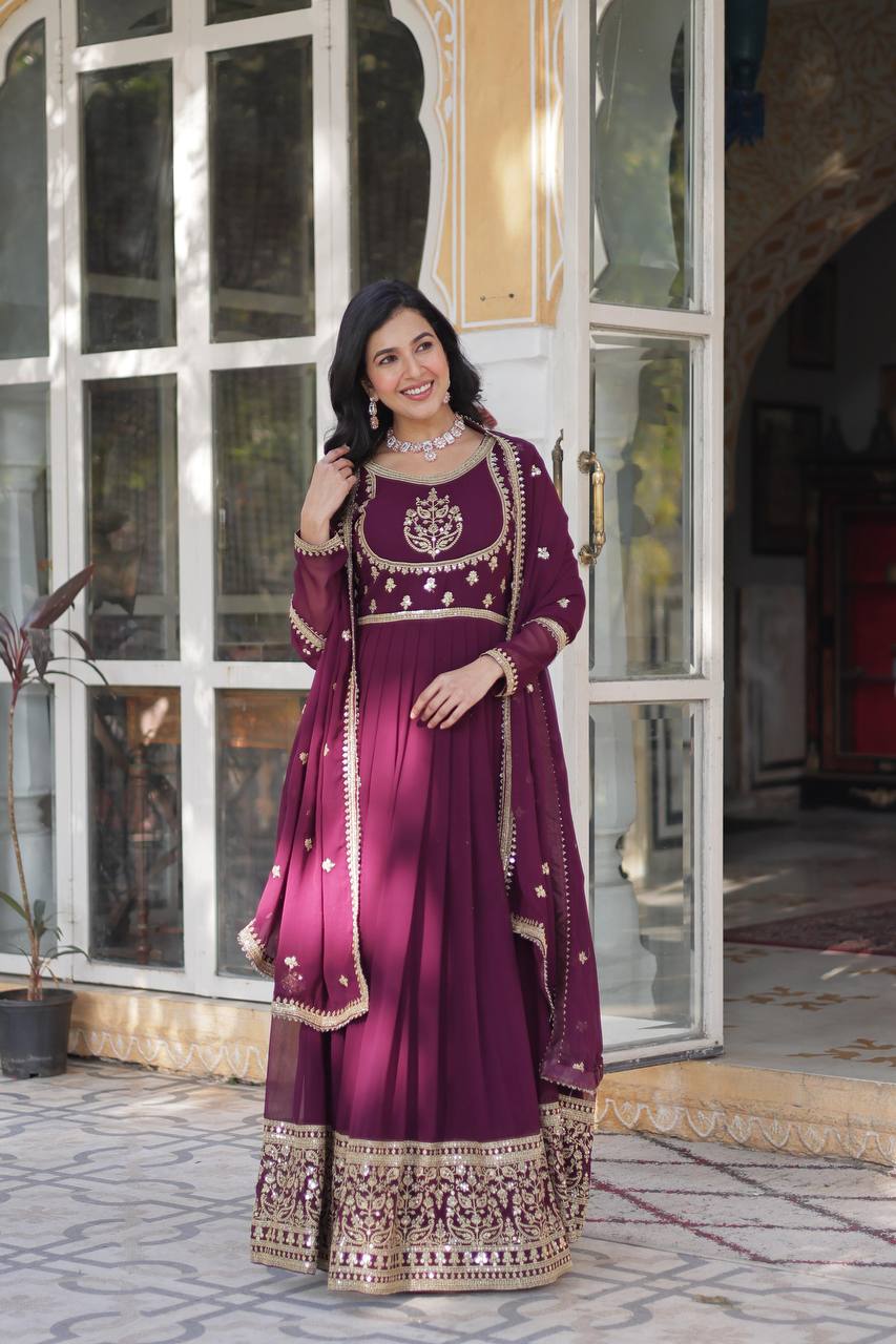 Beautiful Wine Color Faux Blooming Georgette With Rich Sequins Embroidered Work Designer Gown