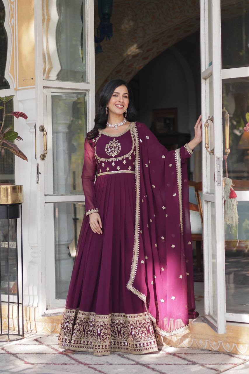 Beautiful Wine Color Faux Blooming Georgette With Rich Sequins Embroidered Work Designer Gown