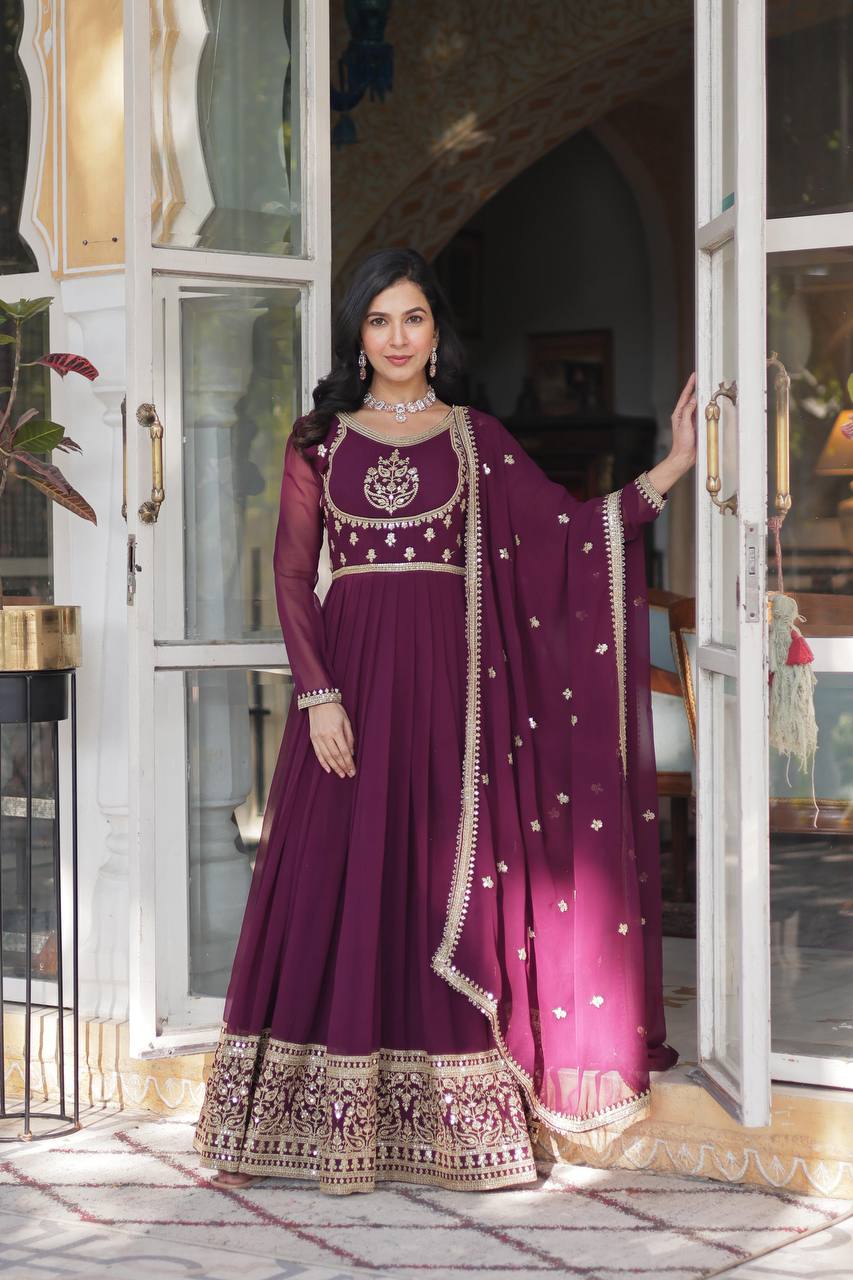 Beautiful Wine Color Faux Blooming Georgette With Rich Sequins Embroidered Work Designer Gown