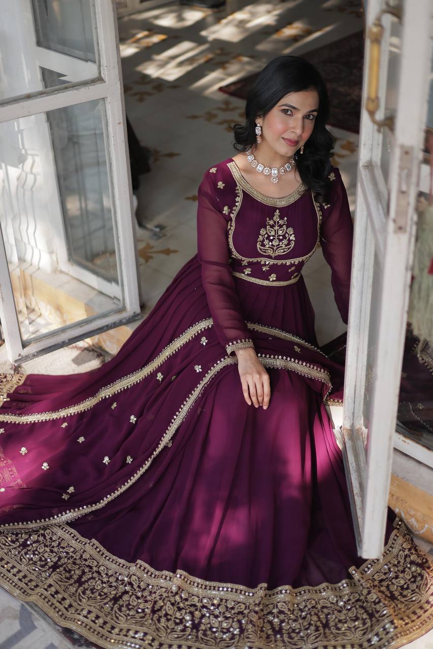 Beautiful Wine Color Faux Blooming Georgette With Rich Sequins Embroidered Work Designer Gown