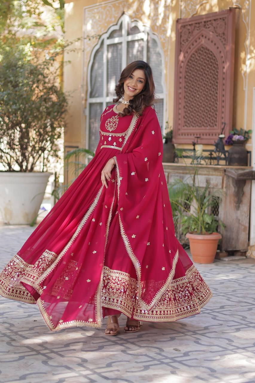 Beautiful Rani Pink Color Faux Blooming Georgette With Rich Sequins Embroidered Work Designer Gown
