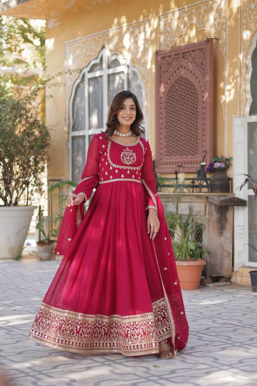 Beautiful Rani Pink Color Faux Blooming Georgette With Rich Sequins Embroidered Work Designer Gown