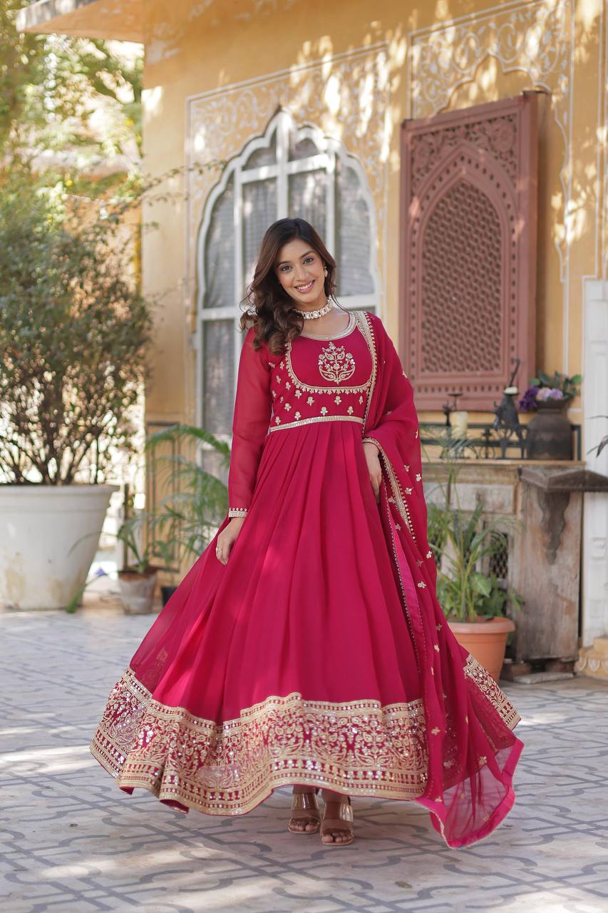 Beautiful Rani Pink Color Faux Blooming Georgette With Rich Sequins Embroidered Work Designer Gown