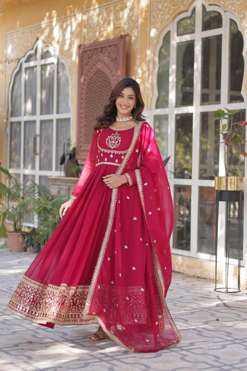 Beautiful Rani Pink Color Faux Blooming Georgette With Rich Sequins Embroidered Work Designer Gown