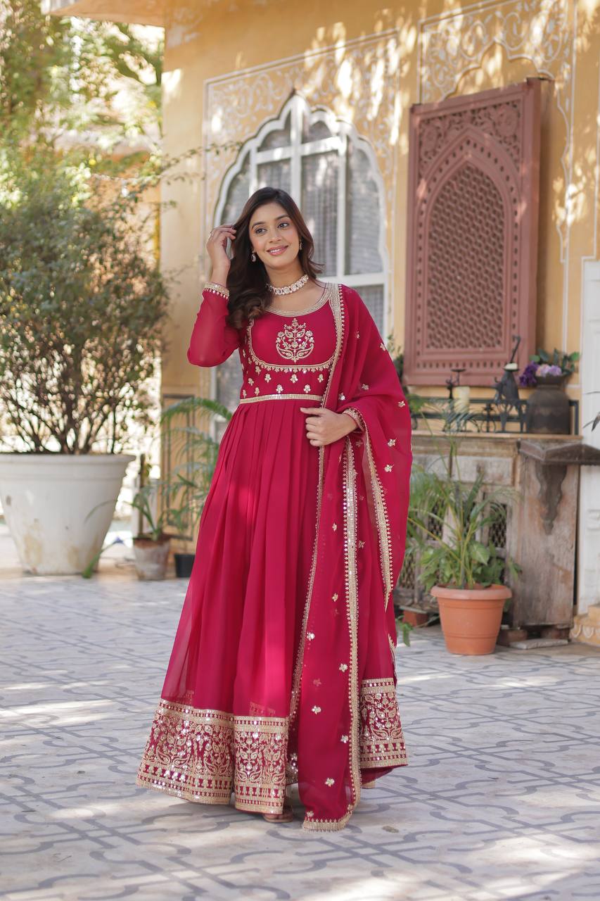 Beautiful Rani Pink Color Faux Blooming Georgette With Rich Sequins Embroidered Work Designer Gown