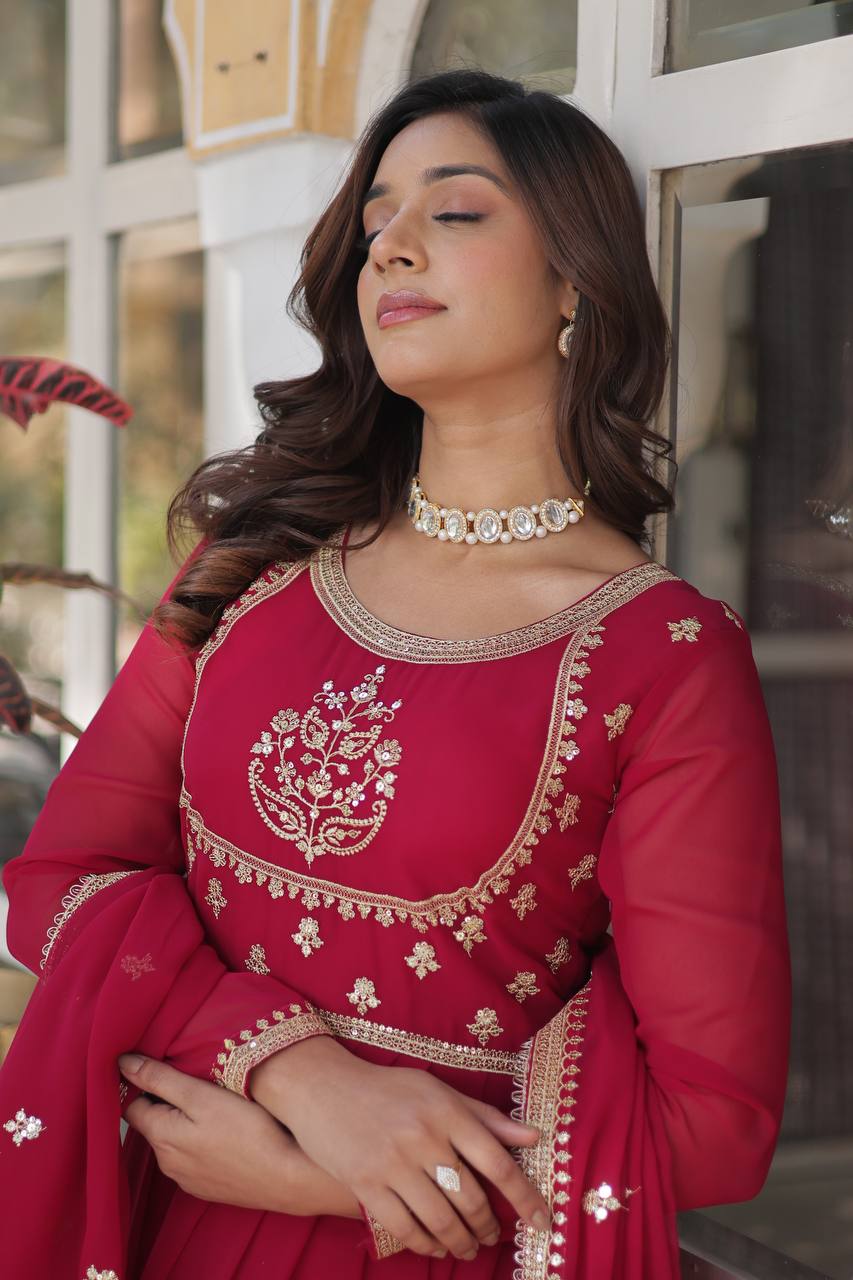 Beautiful Rani Pink Color Faux Blooming Georgette With Rich Sequins Embroidered Work Designer Gown