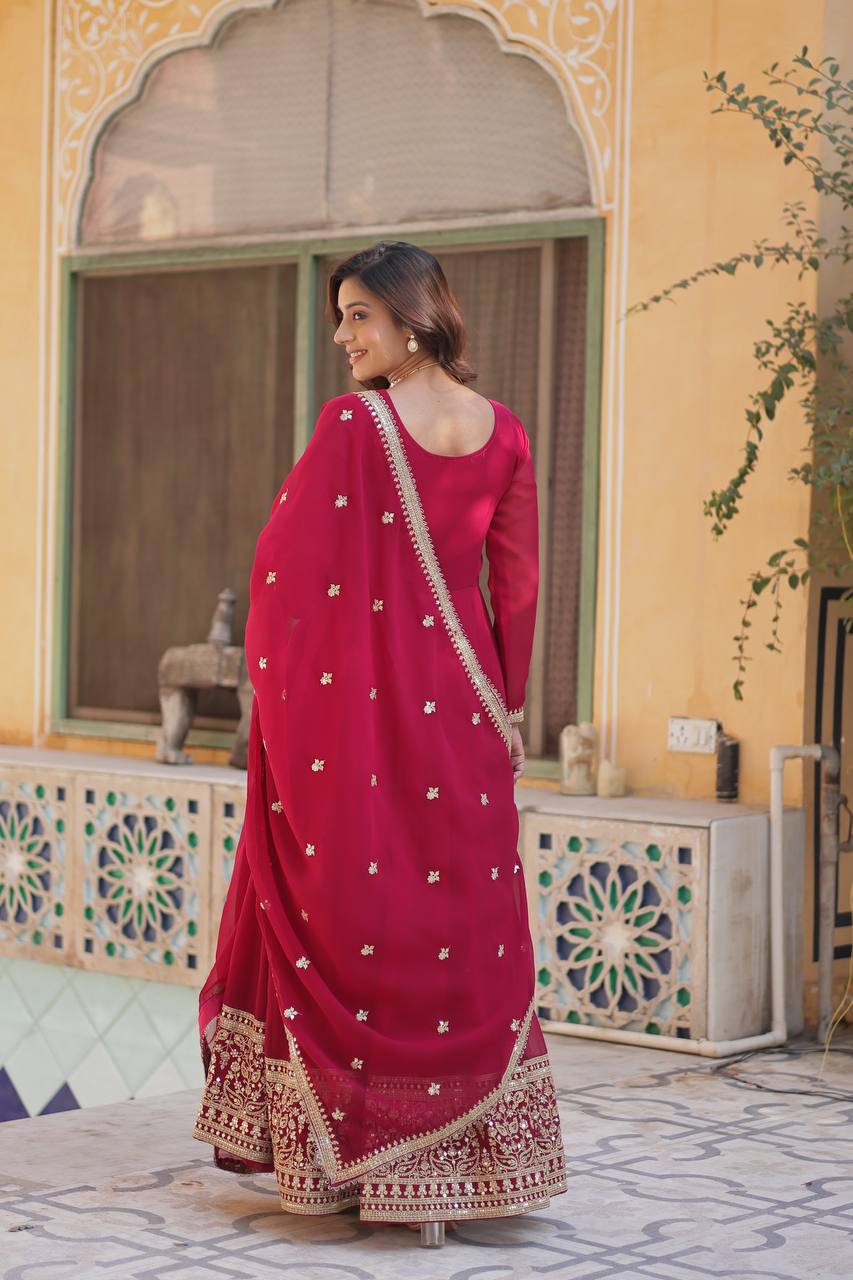 Beautiful Rani Pink Color Faux Blooming Georgette With Rich Sequins Embroidered Work Designer Gown