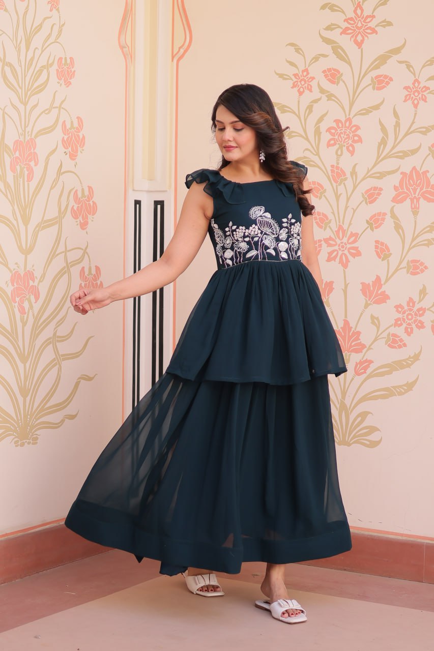 Admiring Rama Color Faux Blooming With Beads Embroidered Work Gown
