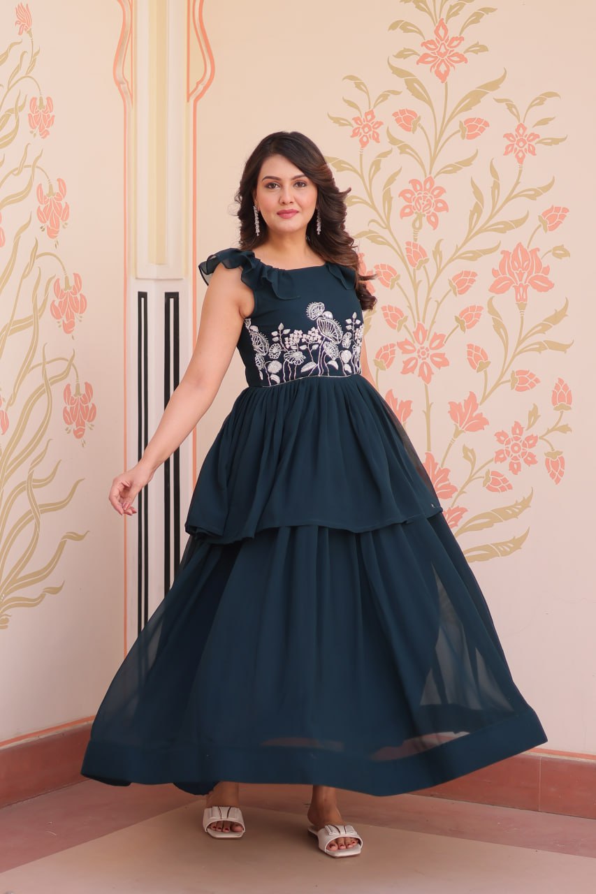 Admiring Rama Color Faux Blooming With Beads Embroidered Work Gown