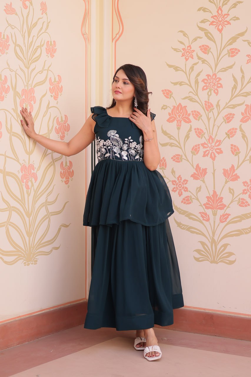 Admiring Rama Color Faux Blooming With Beads Embroidered Work Gown