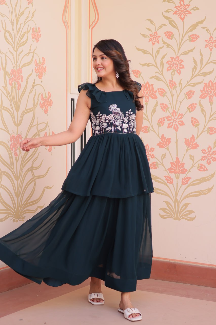 Admiring Rama Color Faux Blooming With Beads Embroidered Work Gown