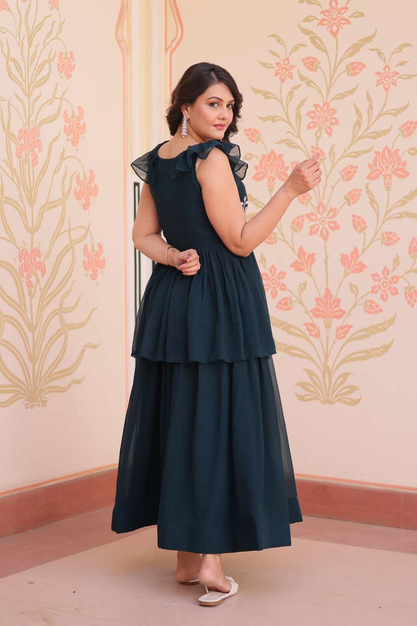 Admiring Rama Color Faux Blooming With Beads Embroidered Work Gown