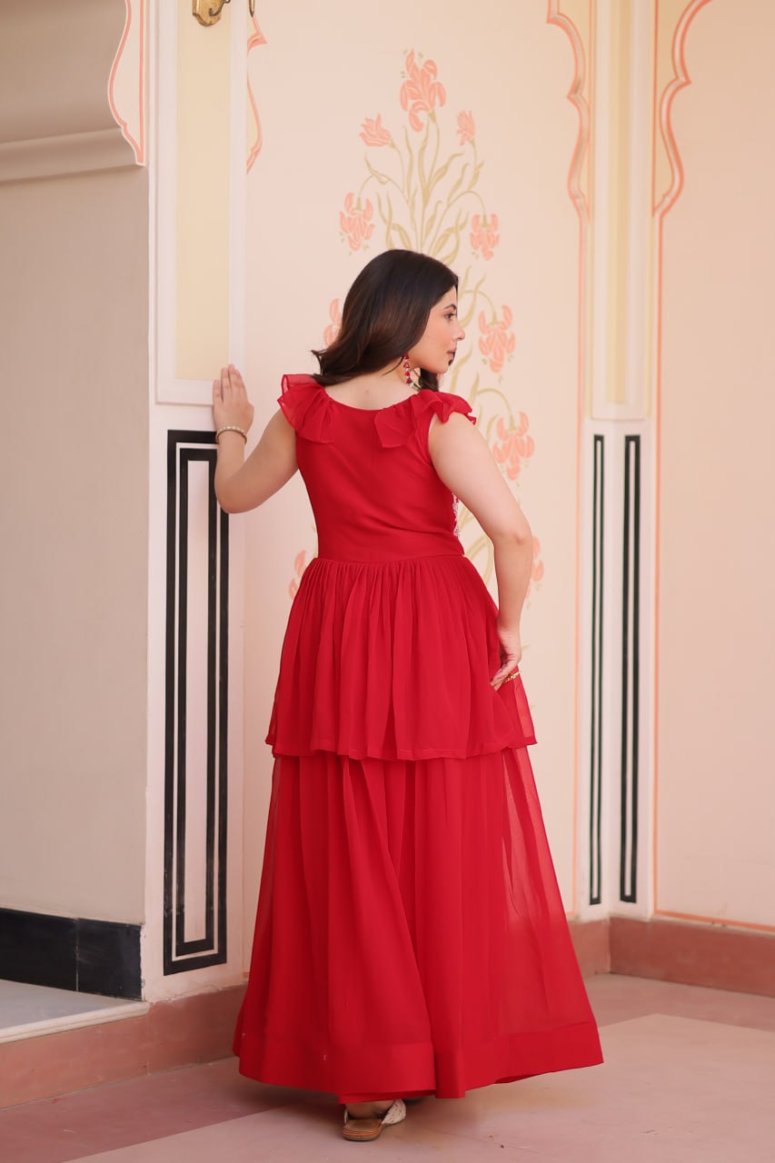 Ravishing Red Color Faux Blooming With Beads Embroidered Work Gown