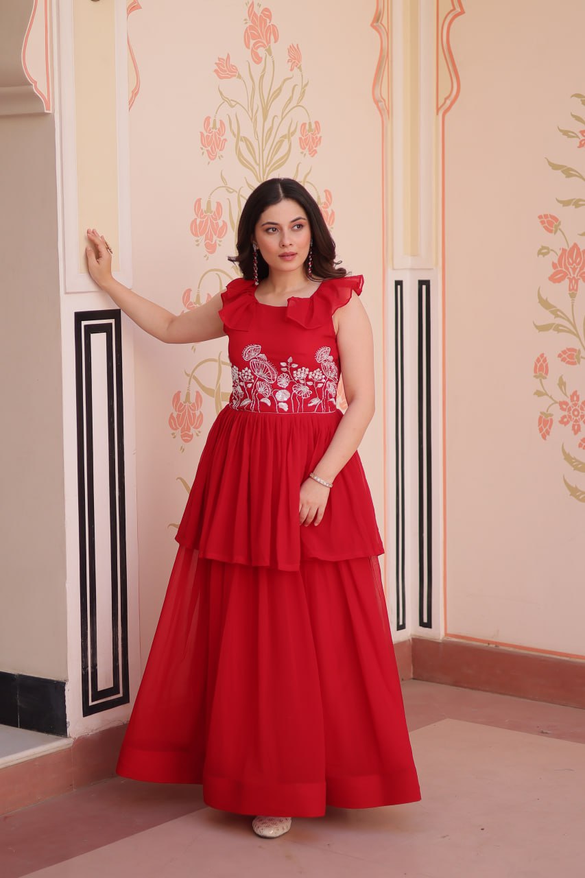 Ravishing Red Color Faux Blooming With Beads Embroidered Work Gown