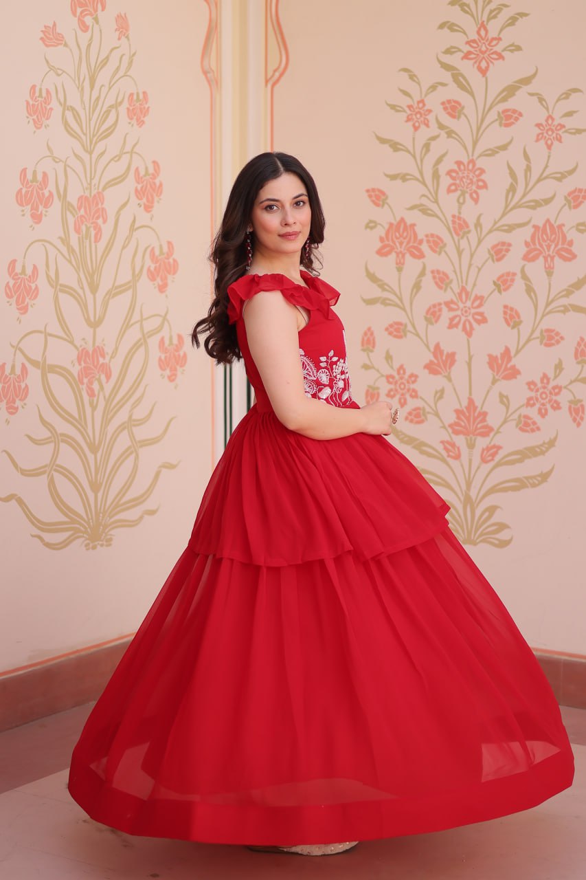 Ravishing Red Color Faux Blooming With Beads Embroidered Work Gown