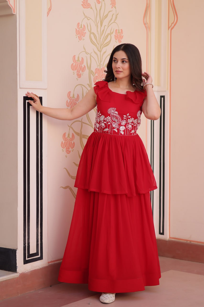 Ravishing Red Color Faux Blooming With Beads Embroidered Work Gown