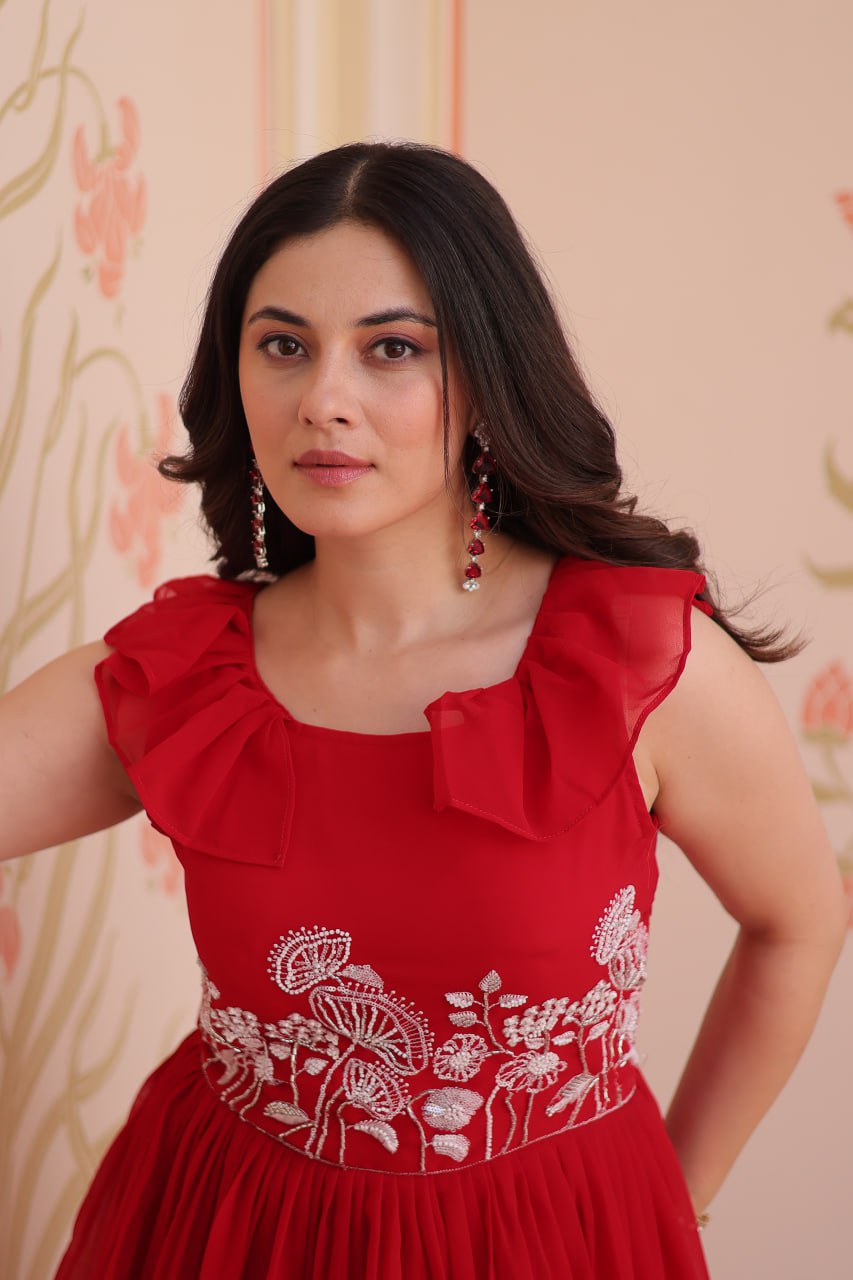Ravishing Red Color Faux Blooming With Beads Embroidered Work Gown