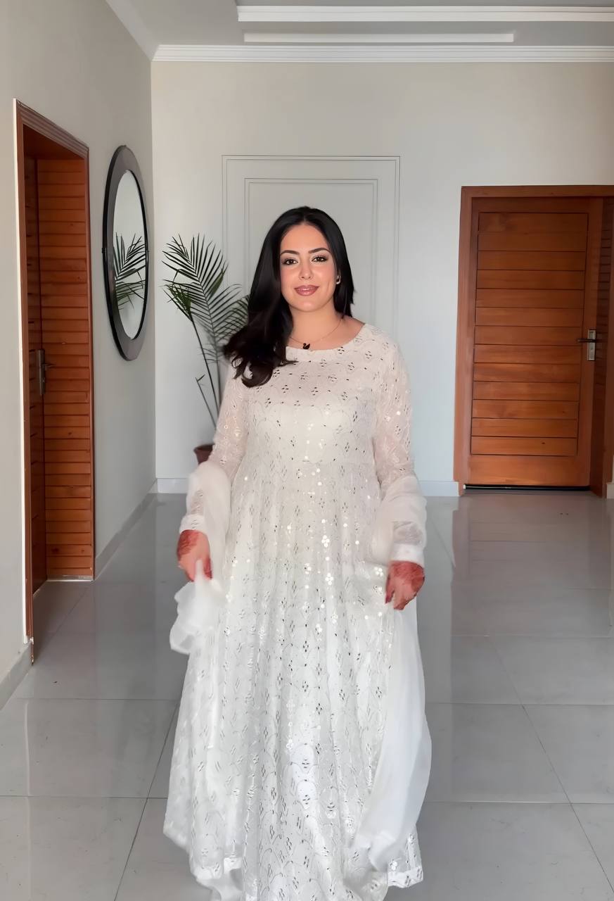 Gorgeous White Color Faux Blooming With Heavy Sequins And Thread Embroidered Work Palazzo Suit