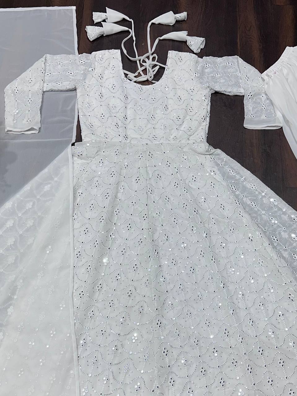 Gorgeous White Color Faux Blooming With Heavy Sequins And Thread Embroidered Work Palazzo Suit