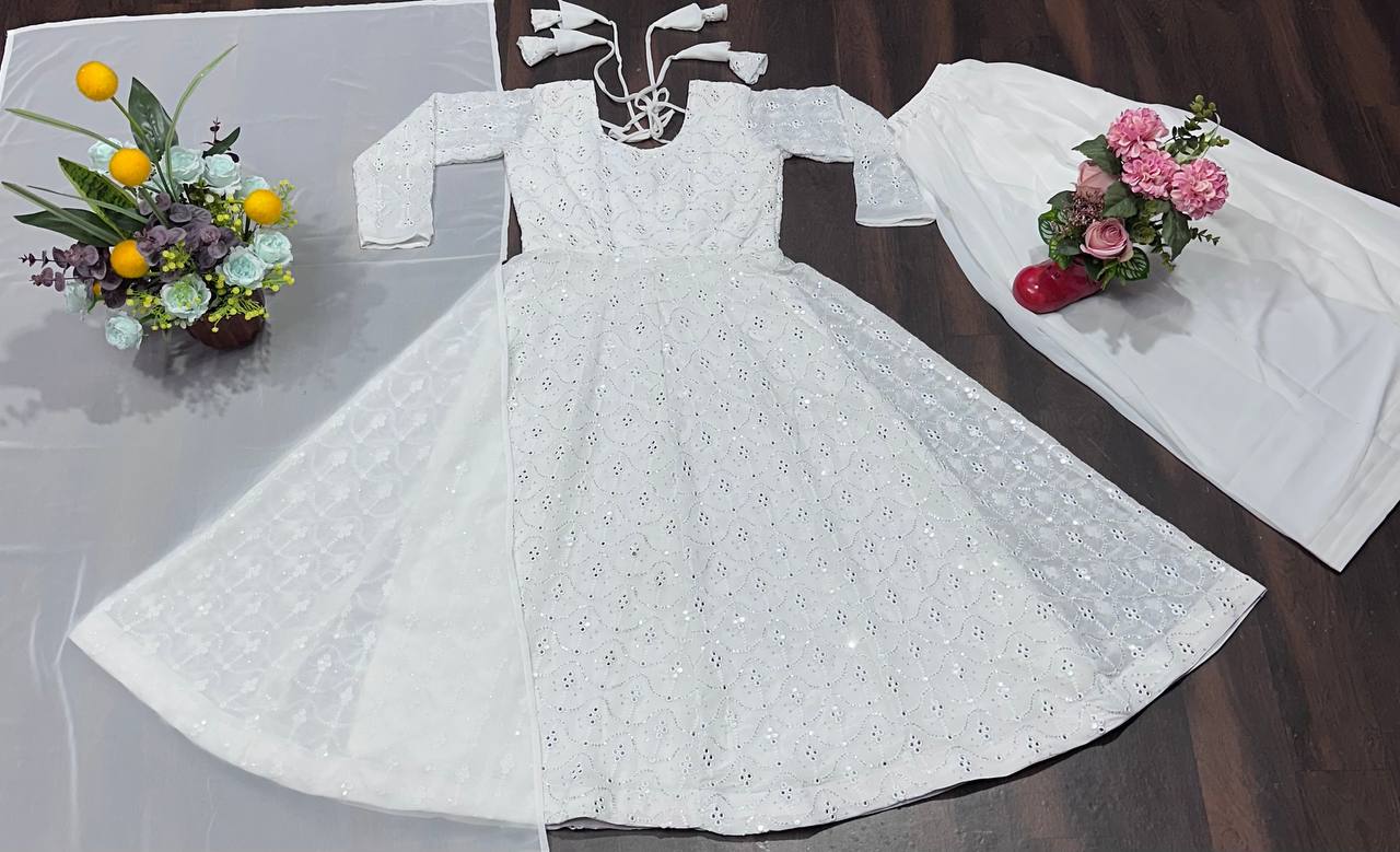 Gorgeous White Color Faux Blooming With Heavy Sequins And Thread Embroidered Work Palazzo Suit