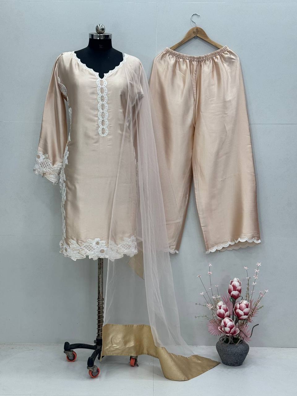 Wedding Wear Cream Color Heavy Natural Silk With Embroidery Work Salwar Suit