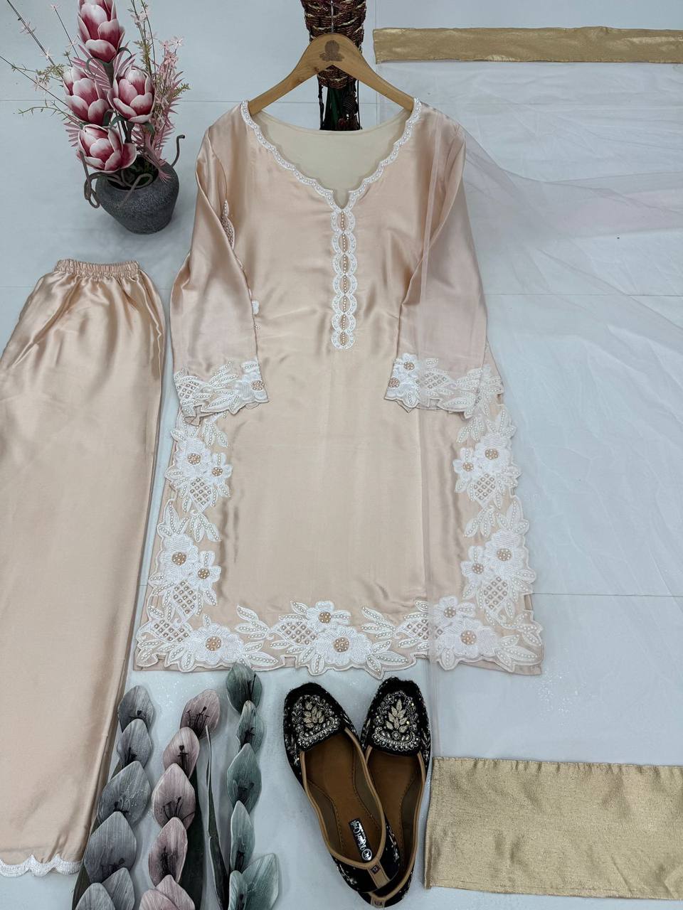 Wedding Wear Cream Color Heavy Natural Silk With Embroidery Work Salwar Suit