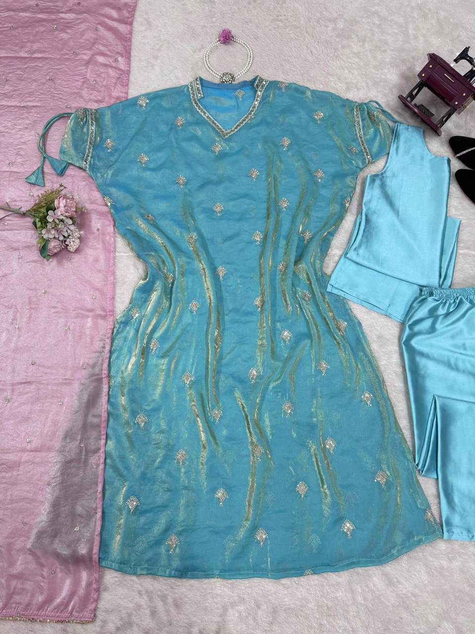 Embellished Sky Blue Color Japan Satin With Embroidery Work Salwar Suit WIth Kaftan