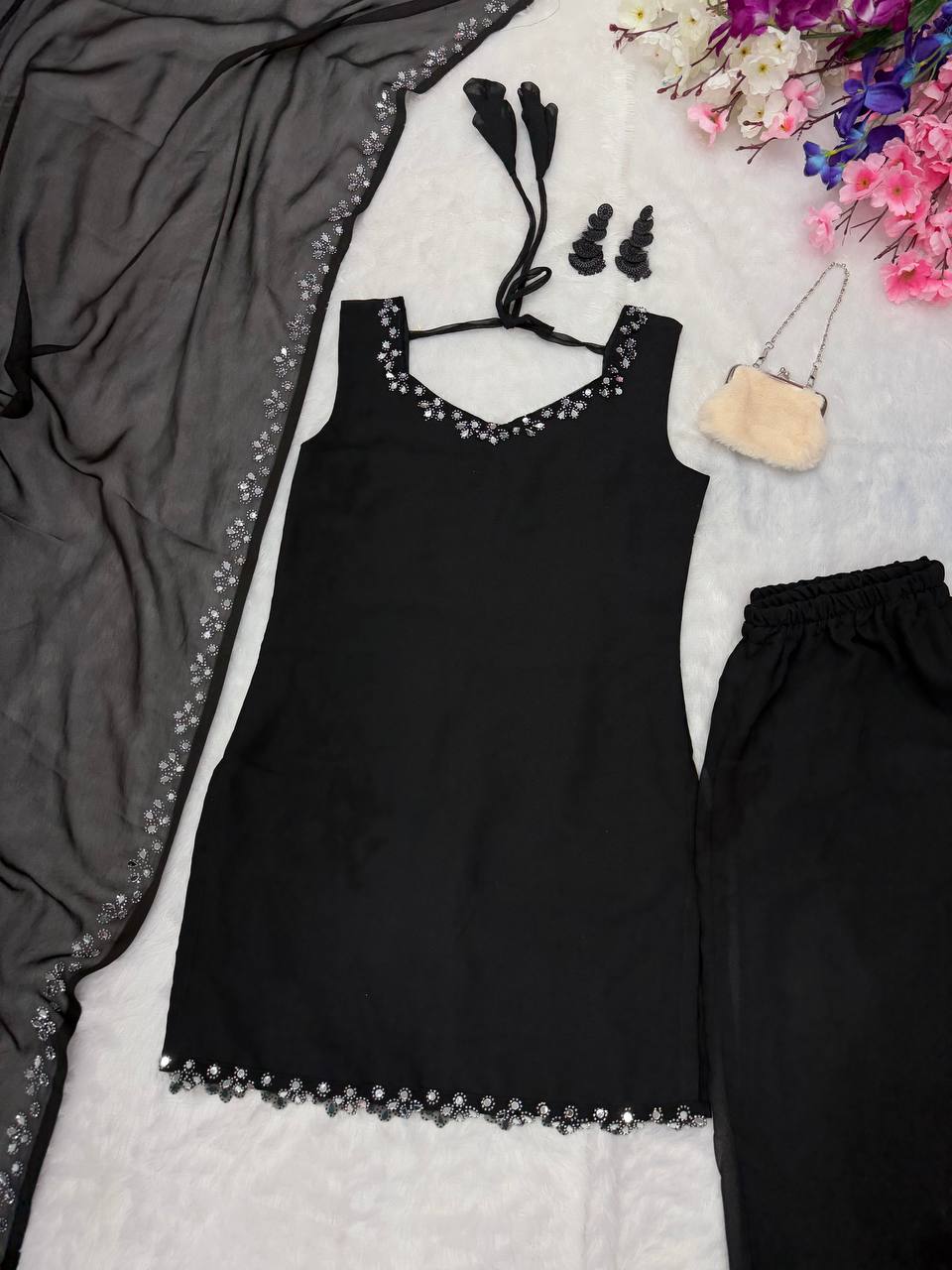 Engagement Wear Black Color Georgette Kurta With Real Mirror Work Palazzo Suit