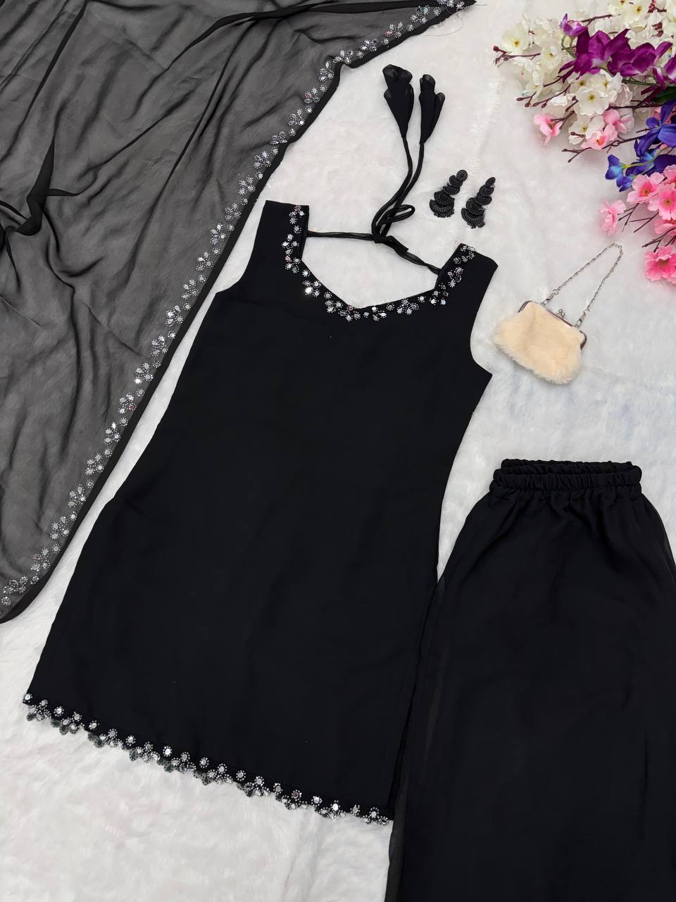 Engagement Wear Black Color Georgette Kurta With Real Mirror Work Palazzo Suit