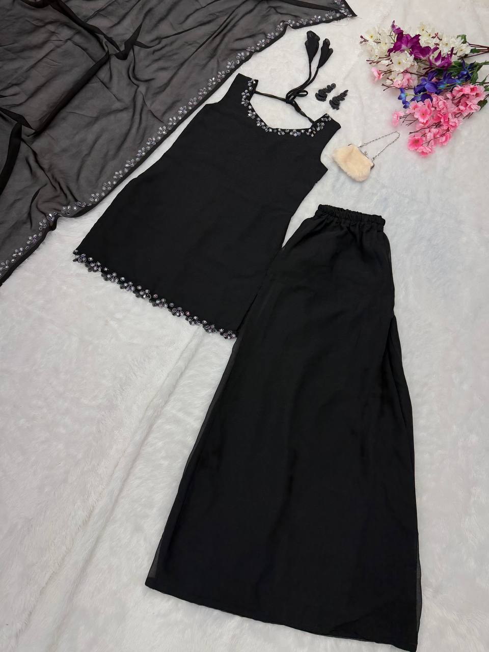 Engagement Wear Black Color Georgette Kurta With Real Mirror Work Palazzo Suit