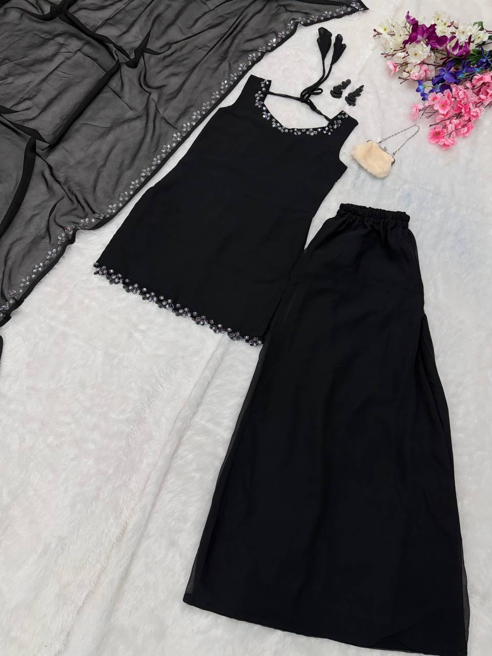 Engagement Wear Black Color Georgette Kurta With Real Mirror Work Palazzo Suit
