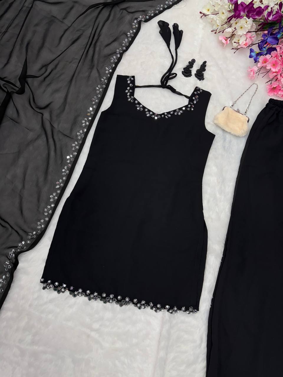 Engagement Wear Black Color Georgette Kurta With Real Mirror Work Palazzo Suit