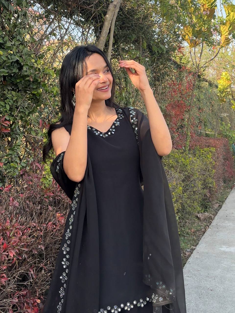 Engagement Wear Black Color Georgette Kurta With Real Mirror Work Palazzo Suit