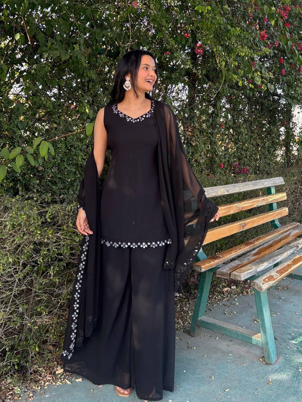 Engagement Wear Black Color Georgette Kurta With Real Mirror Work Palazzo Suit