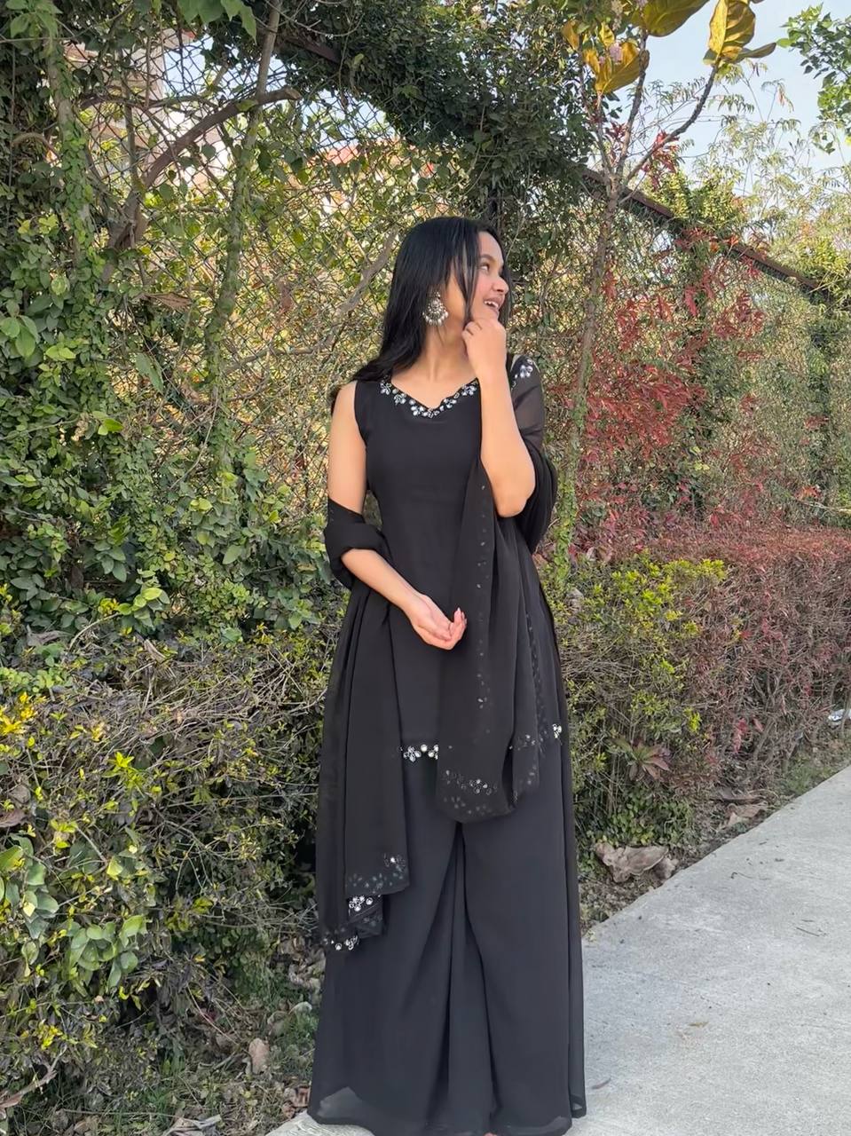 Engagement Wear Black Color Georgette Kurta With Real Mirror Work Palazzo Suit