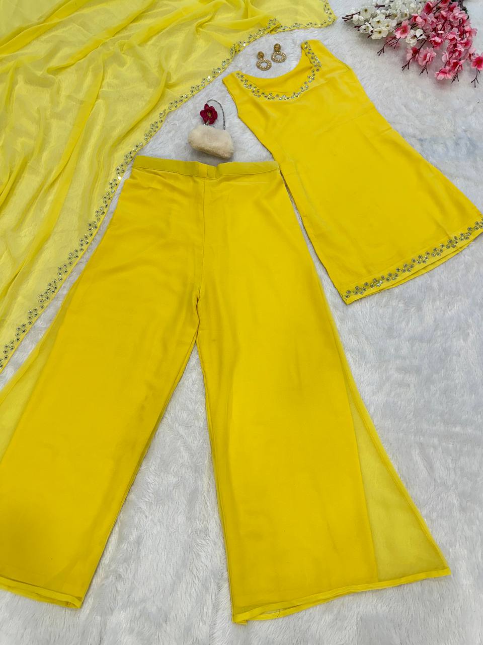 Haldi special Yellow Color Georgette Kurta With Real Mirror Work Palazzo Suit