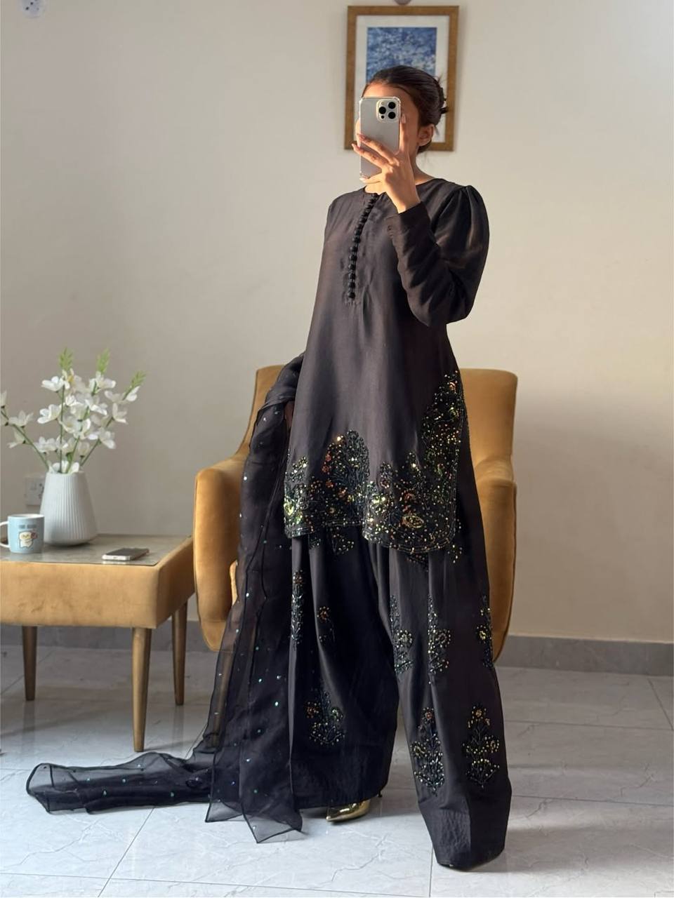 Reception Wear Black Color Pure Natural Crep Silk With Embroidery Sequence Work Salwar Suit