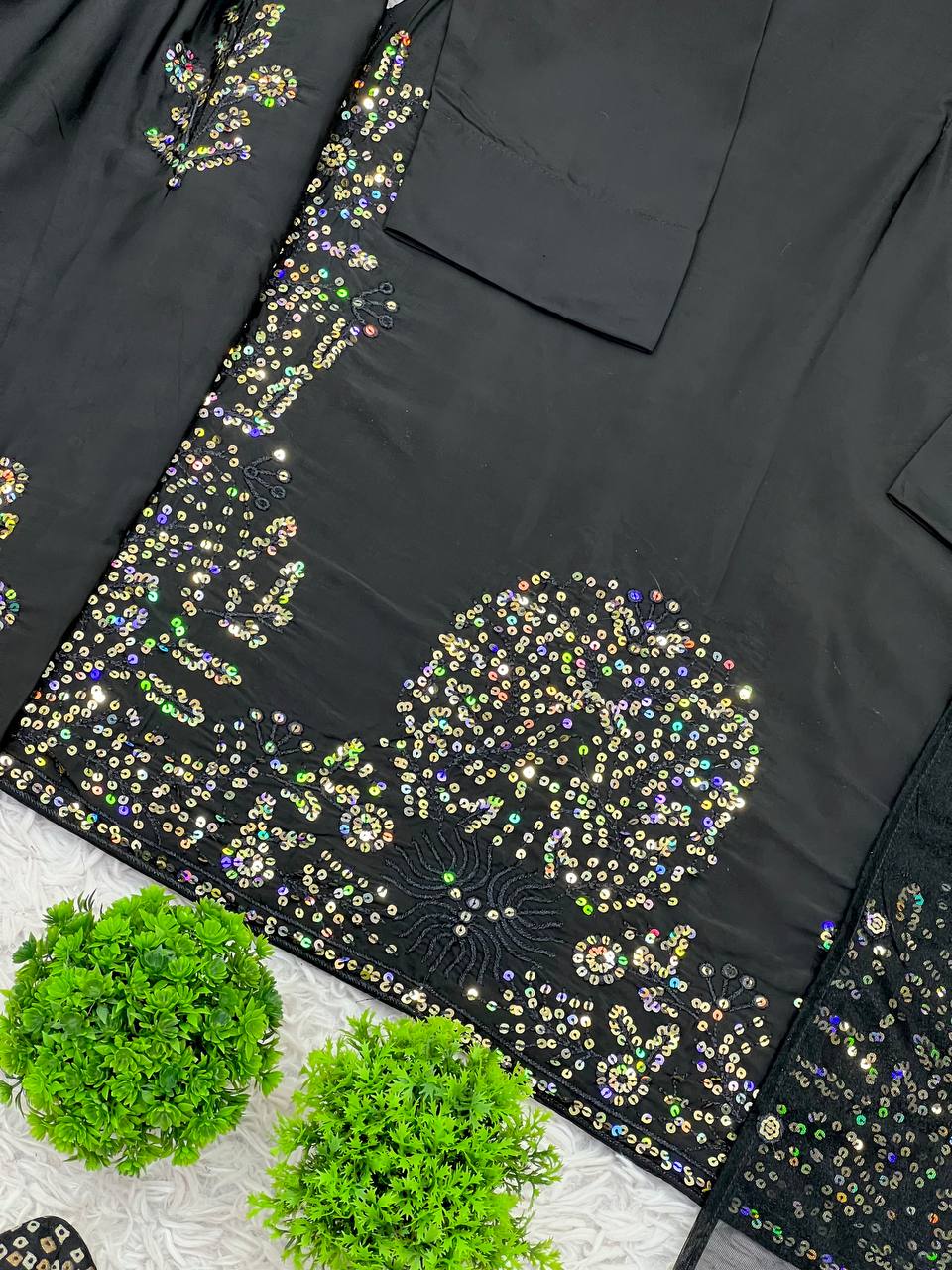 Reception Wear Black Color Pure Natural Crep Silk With Embroidery Sequence Work Salwar Suit