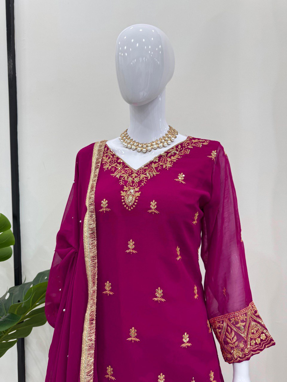 Wedding Wear Wine Color Faux Georgette And Thread With Sequence Work Palazzo Suit