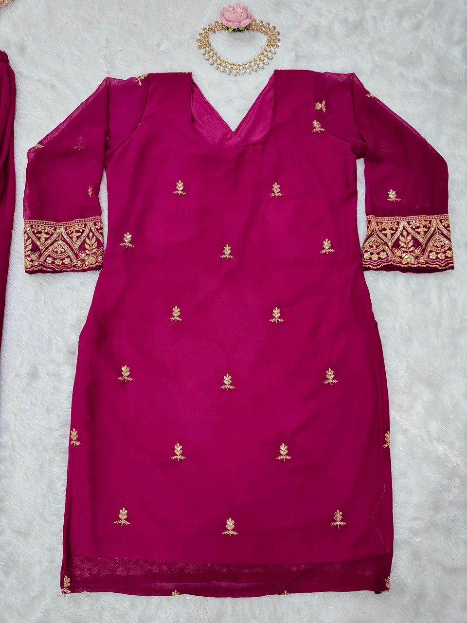 Wedding Wear Wine Color Faux Georgette And Thread With Sequence Work Palazzo Suit