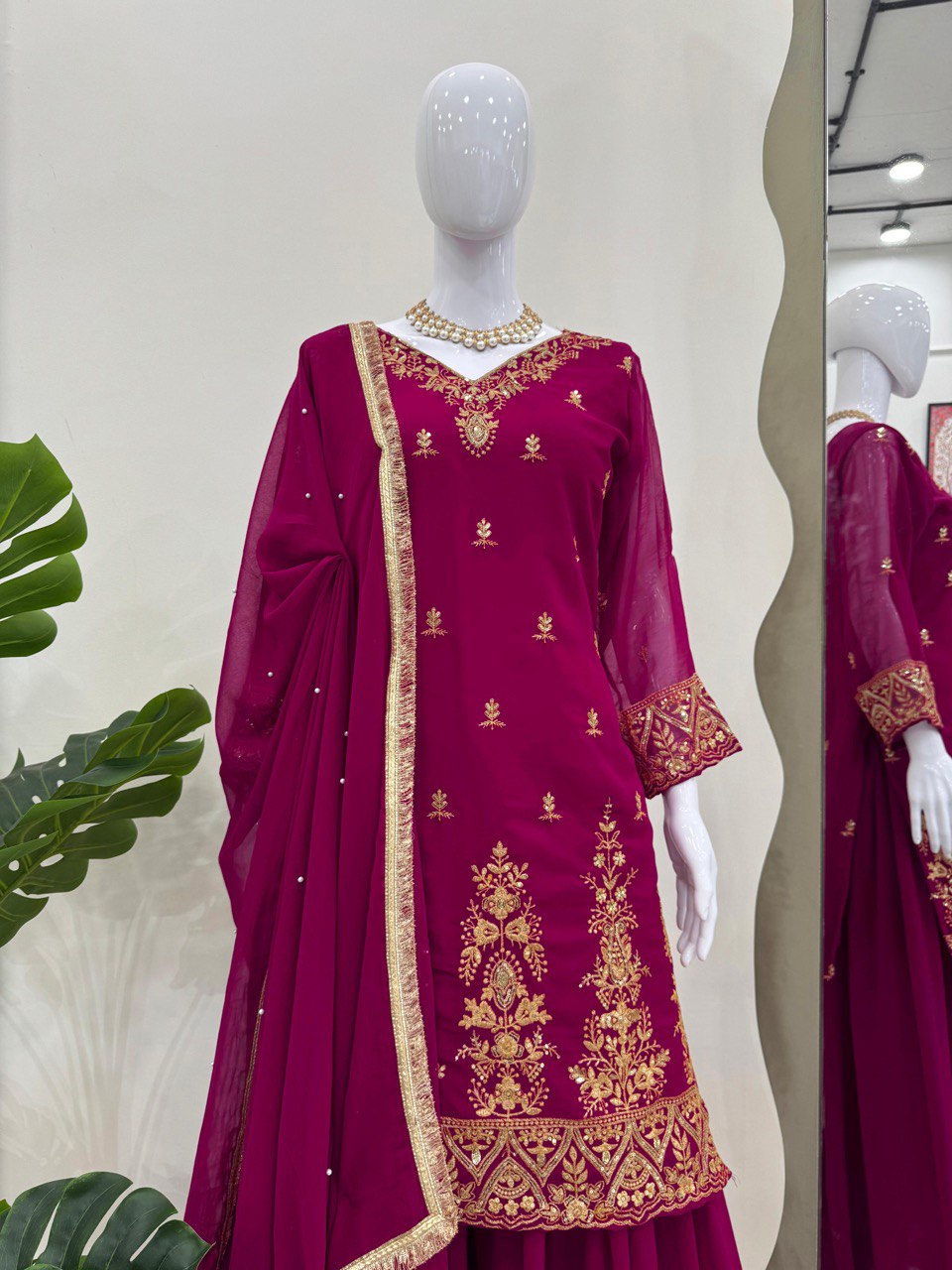 Wedding Wear Wine Color Faux Georgette And Thread With Sequence Work Palazzo Suit