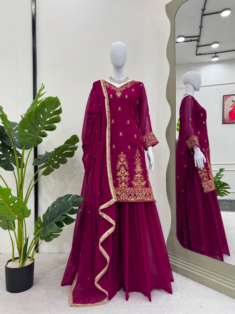 Wedding Wear Wine Color Faux Georgette And Thread With Sequence Work Palazzo Suit