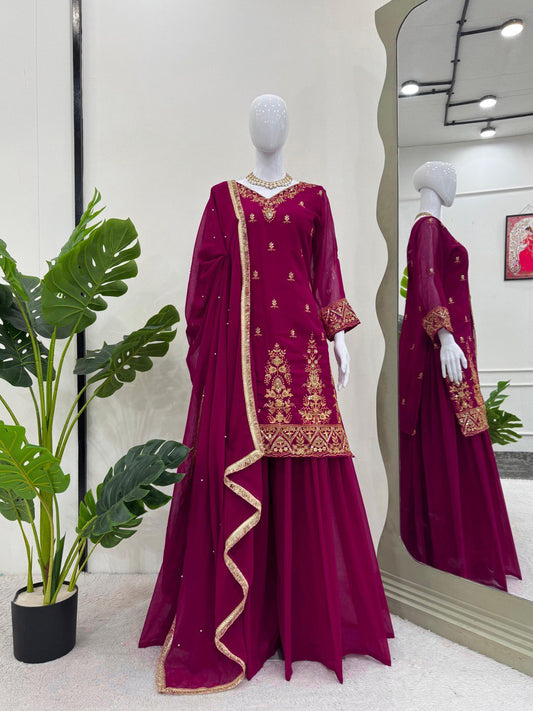 Wedding Wear Wine Color Faux Georgette And Thread With Sequence Work Palazzo Suit