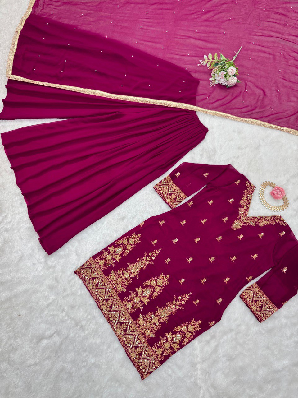 Wedding Wear Wine Color Faux Georgette And Thread With Sequence Work Palazzo Suit