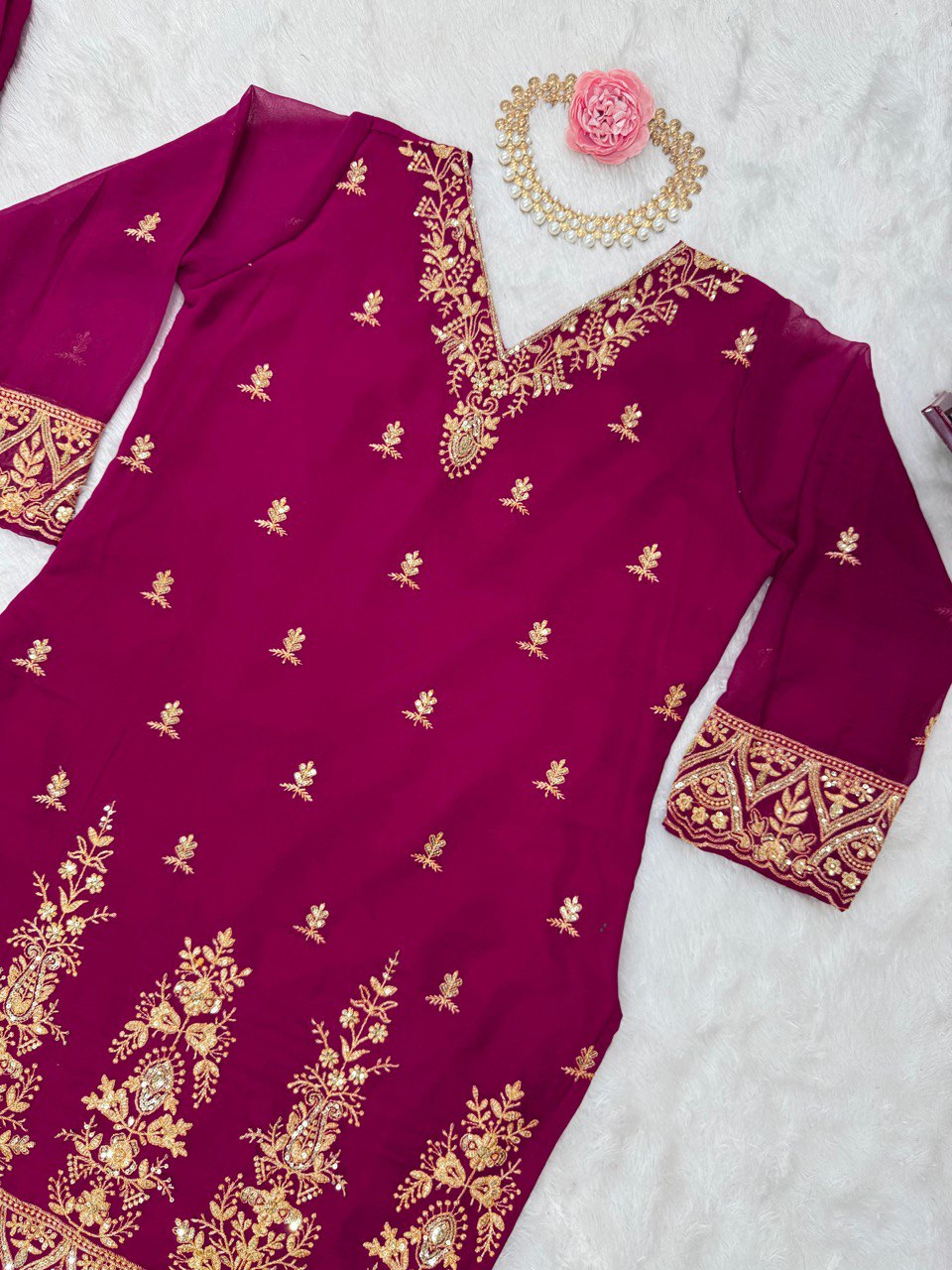 Wedding Wear Wine Color Faux Georgette And Thread With Sequence Work Palazzo Suit