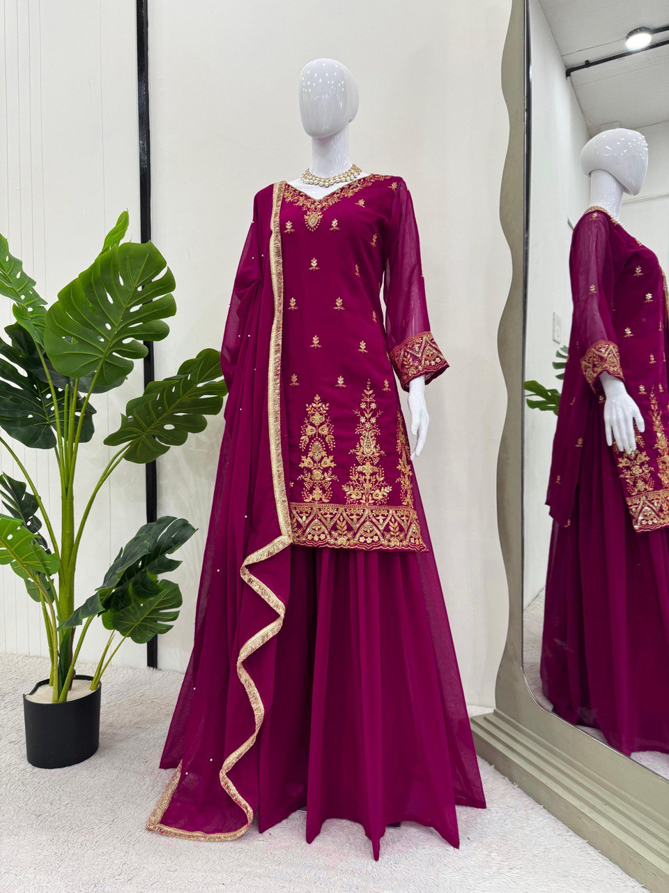 Wedding Wear Wine Color Faux Georgette And Thread With Sequence Work Palazzo Suit
